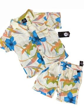 Volcom Yellow Blue Green Floral Palm Collar Button Shirt Shorts Set NWT 4T Linen